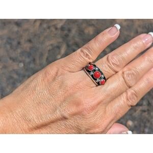 Navajo‎ Red Coral Band Ring Sterling Silver Handmade NA Jewelry Sz 10US **